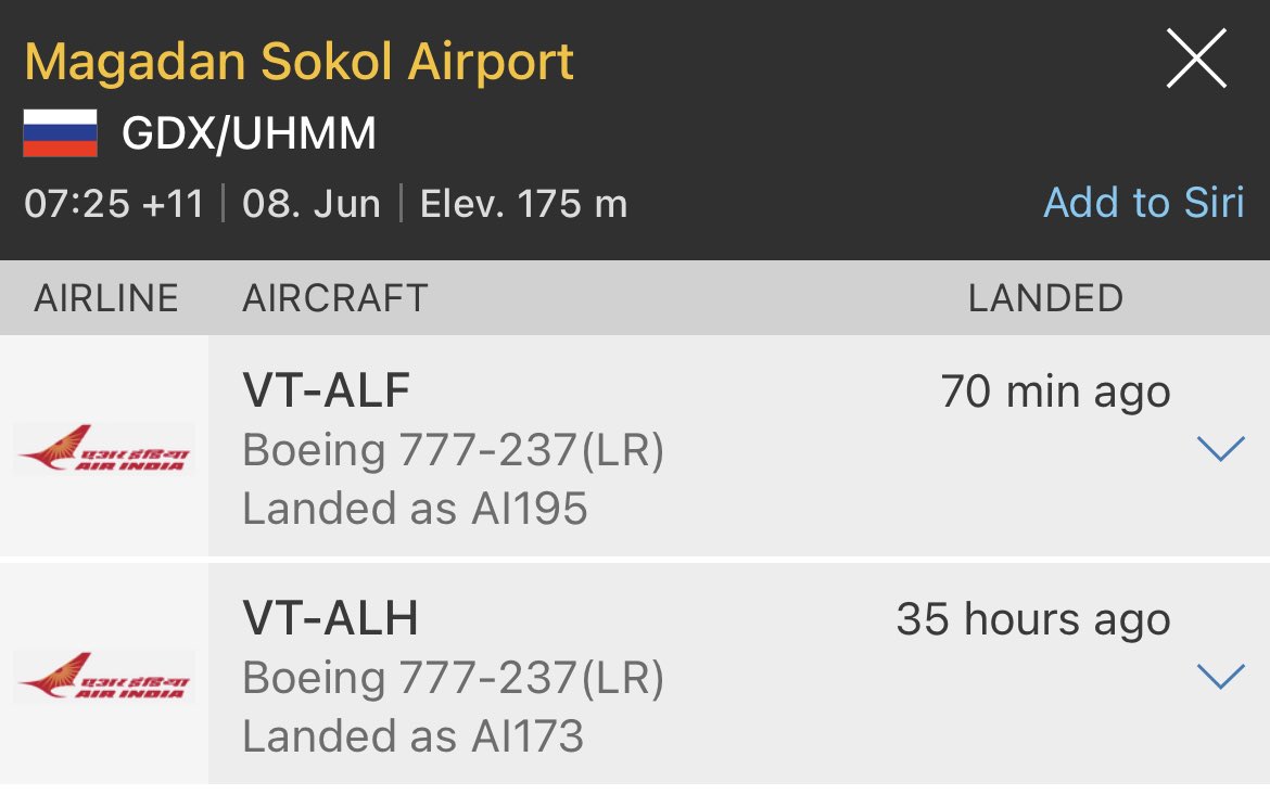 The only two aircrafts on the ground in this remote airport of Siberia are the B777s from ⁦@airindia⁩. One diverted yesterday due to engine malaise while flying as AI173 to SFO, and the other just landed to rescue the stranded passengers onwards.
