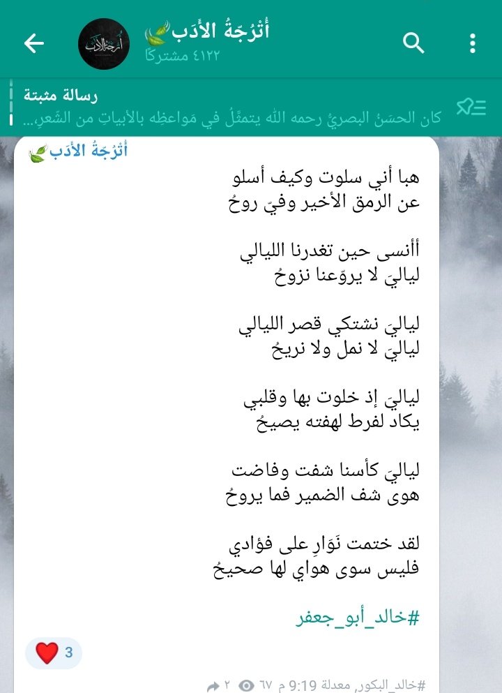 هبا أني سلوت وكيف أسلو
عن الرمق الأخير وفيّ روحُ 

أأنسى...؟ 
#خالد_أبو_جعفر