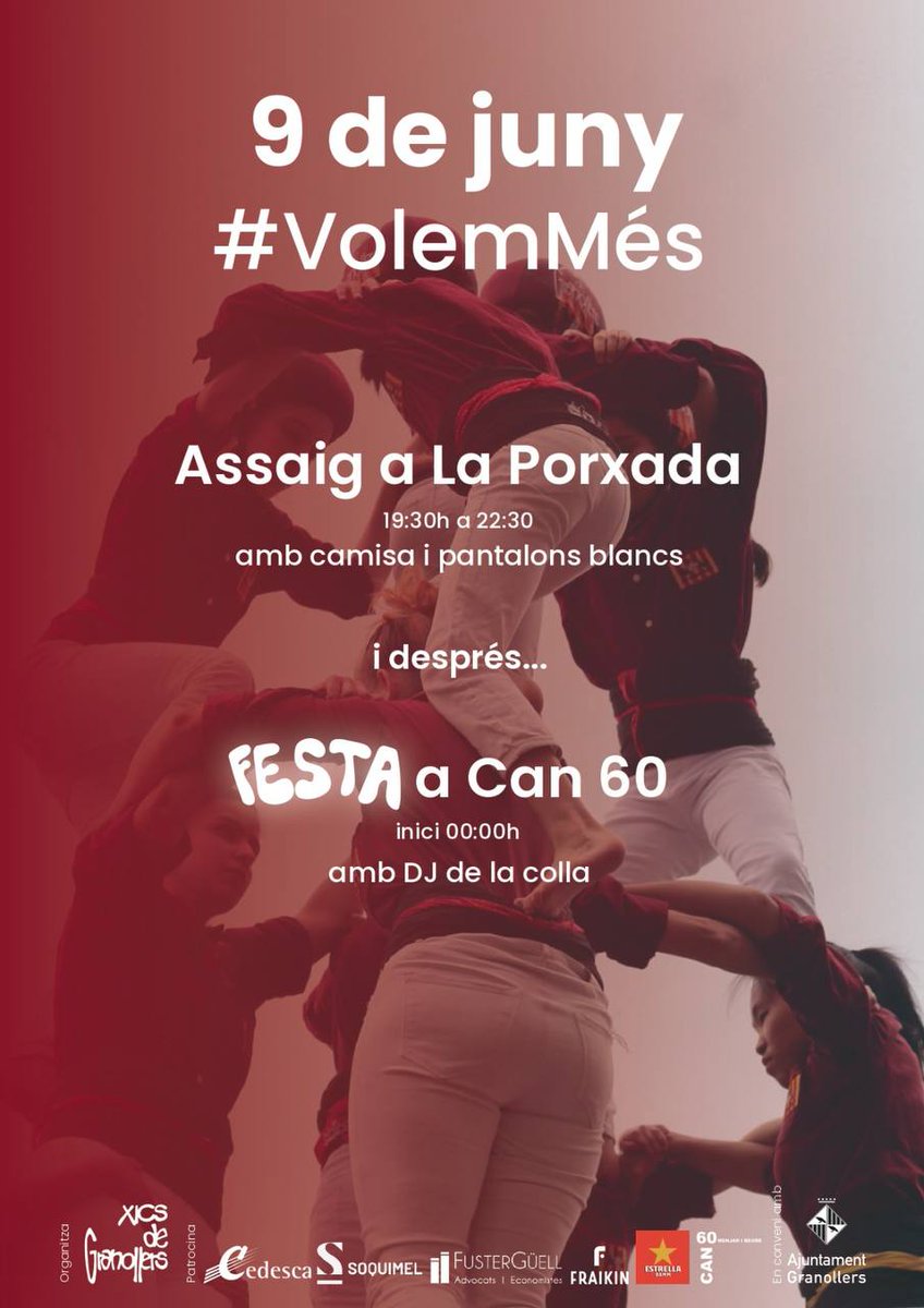 XicsGranollers's tweet photo. Divendres traslladem l'assaig a La Porxada, en motiu de l'aniversari de l'@OpticaRius, comerç amic de la colla.
⏰ A les 18.30h farem un taller. 
⚠️ Molta puntualitat: a les 20h comença l'assaig general. 
💃🕺Després, festa a Can60! 

#VolemMés divendres de gresca 😜 https://t.co/7MjyxLzcjs