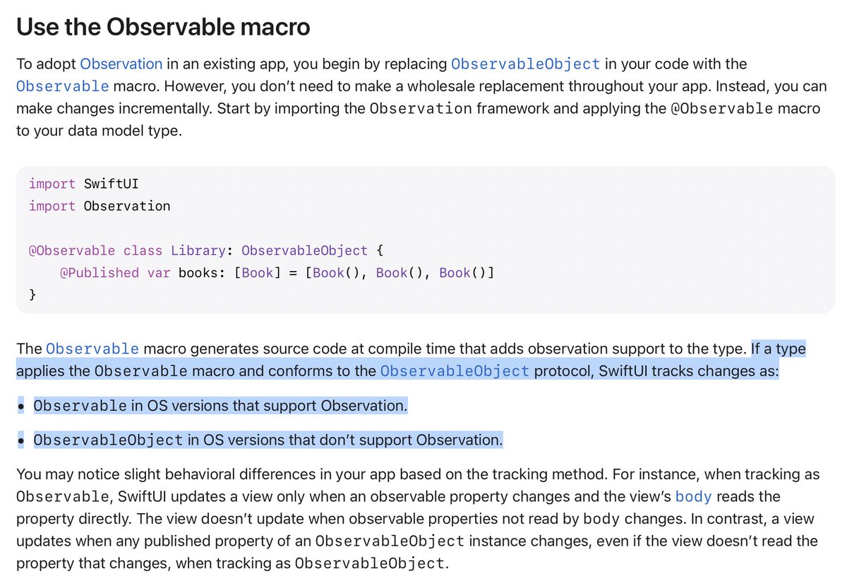 Lascorbe's tweet photo. wait this is great news!!! We can use Observation as soon as iOS 17 is out! 🙌🏻

If object uses Observable &amp; conforms to ObservableObject, SwiftUI tracks changes as:
•Observable in OS versions that support Observation
•ObservableObject in OS versions that don’t support https://t.co/mejo1BVGBJ