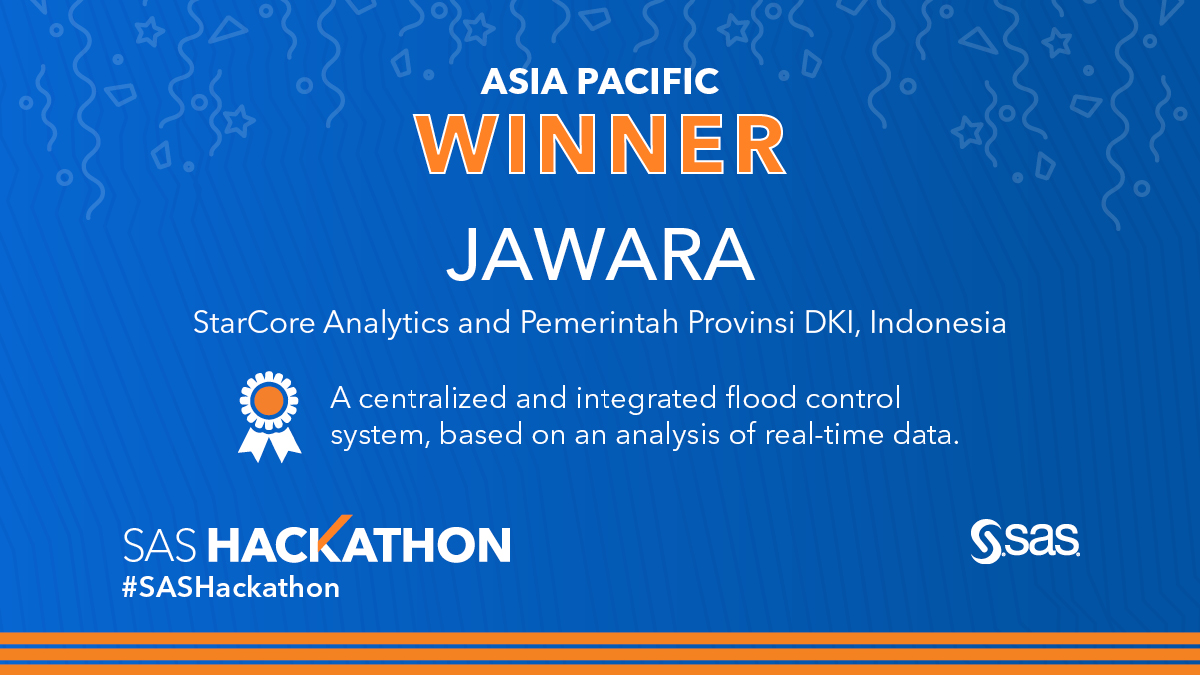 mnemecek's tweet photo. Due to climate change, flooding has worsened in many places including the capital of Indonesa. This #SASHackathon team from #Jakarta Provincial Government and StarCore Analytics used #AI, machine learning and #IoT analytics to better predict and prevent flooding. https://t.co/vrZKxde9JI