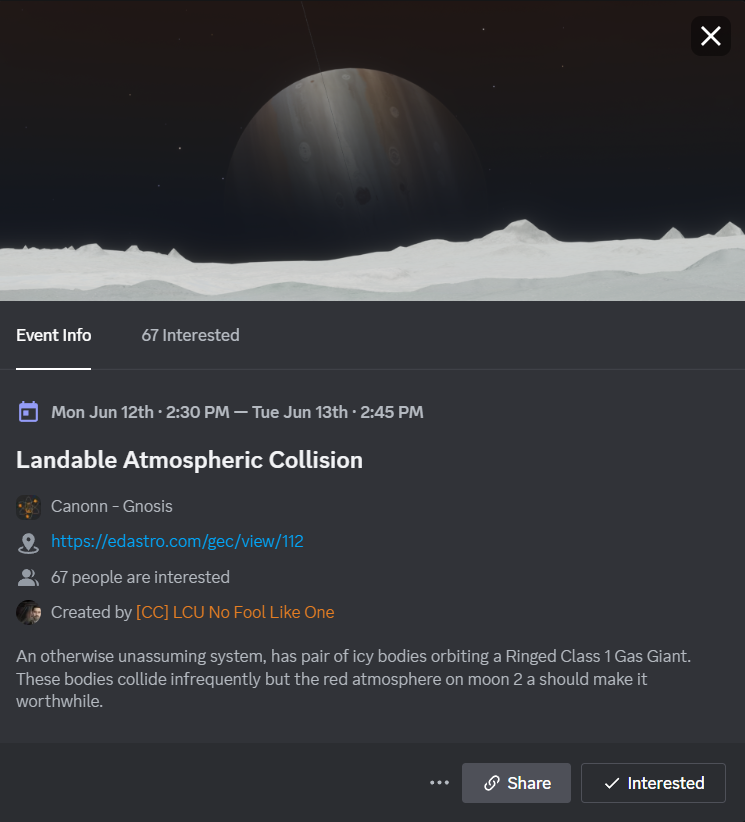 CanonnResearch's tweet photo. Want to witness the first planetary collision with a landable atmospheric planet? 

Come to Synuefai ZL-O b51-0 on Monday the 12th June at 2:30pm. The collision will last 24 hours.

https://t.co/qPXgNsjV3W

@EliteDangerous #EliteDangerous https://t.co/JoT88YTKFA