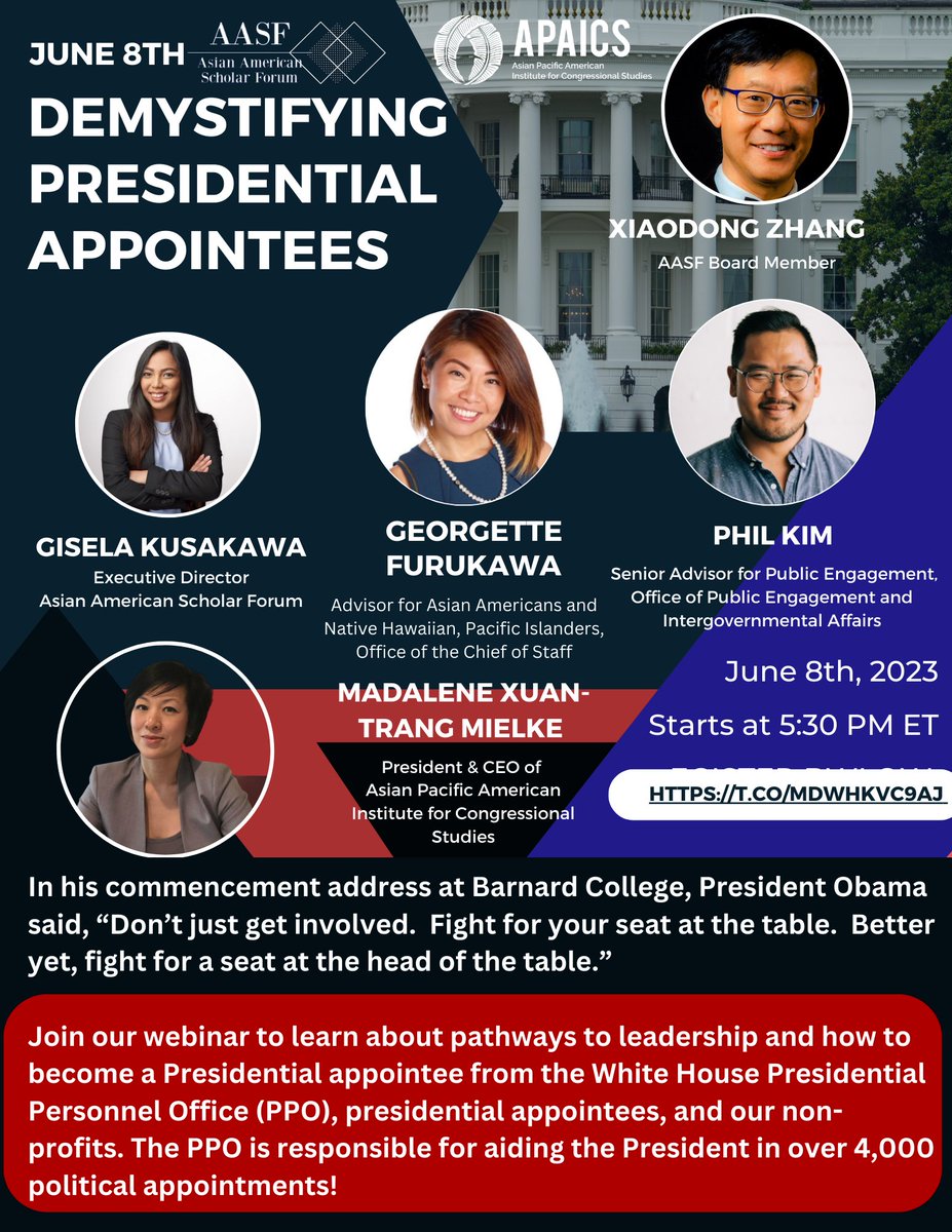 Reminder that this webinar w/<a href="/APAICS/">APAICS</a> on Presidential appointments is happening tomorrow! Learn about the process and the importance of having Asian Americans represented in public service. 

Register &amp; share: buff.ly/3Bt9HiI