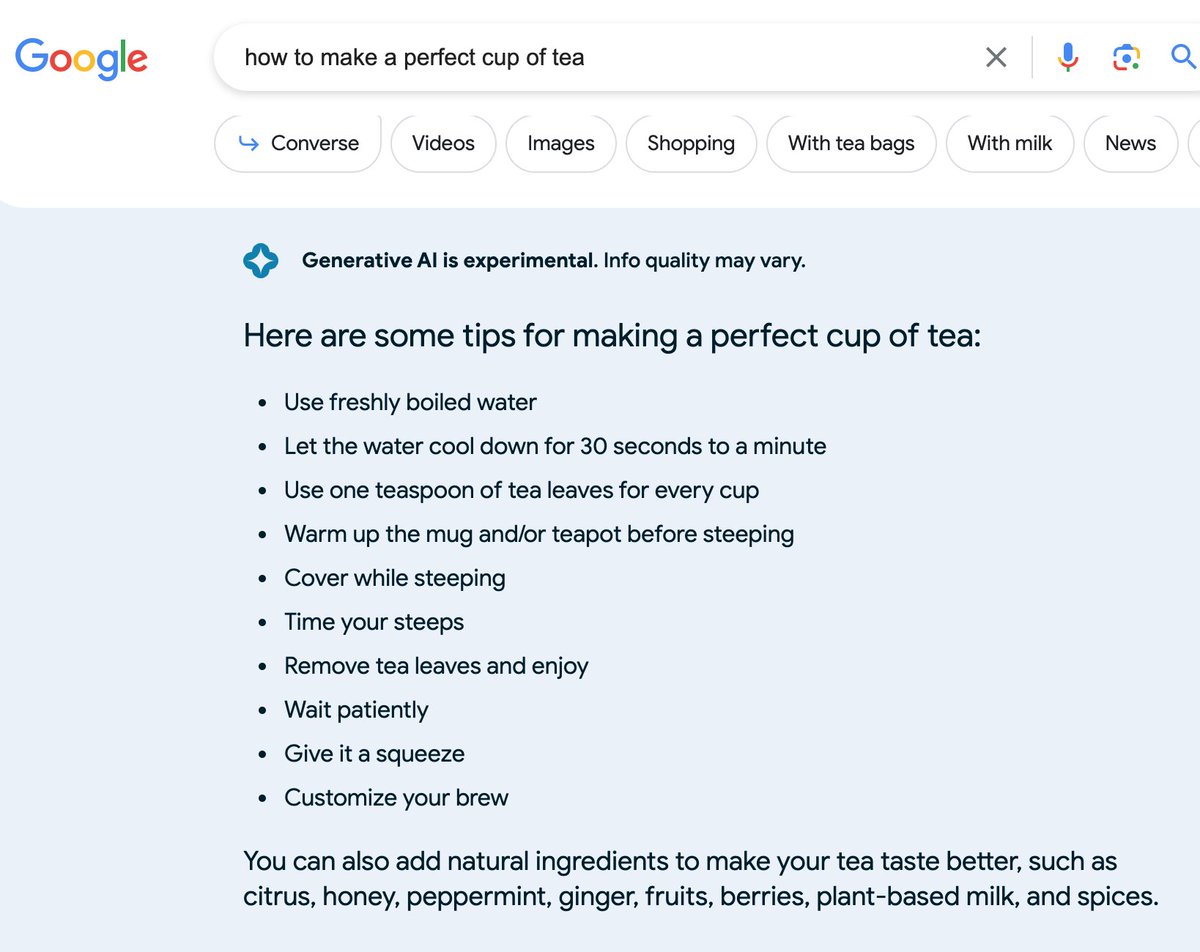 TanujaMahdavi's tweet photo. I asked Google's Search Generative Experience how to make a cup of tea. #ai #seo #localseo https://t.co/tqQtmUSQLS