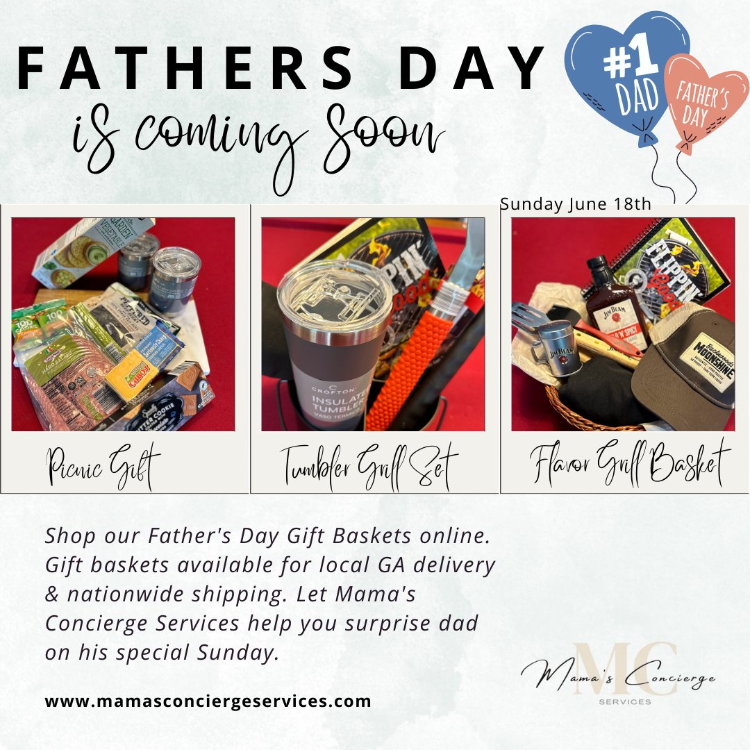 Shop our Father's Day Gift Baskets online. Gift baskets available for local GA delivery & nationwide shipping. Let Mama's Concierge Services help you surprise dad on his special Sunday. 

#shop #mamasconcierge #fathersday #dad #shopping #localdelivery #shipping #instashop