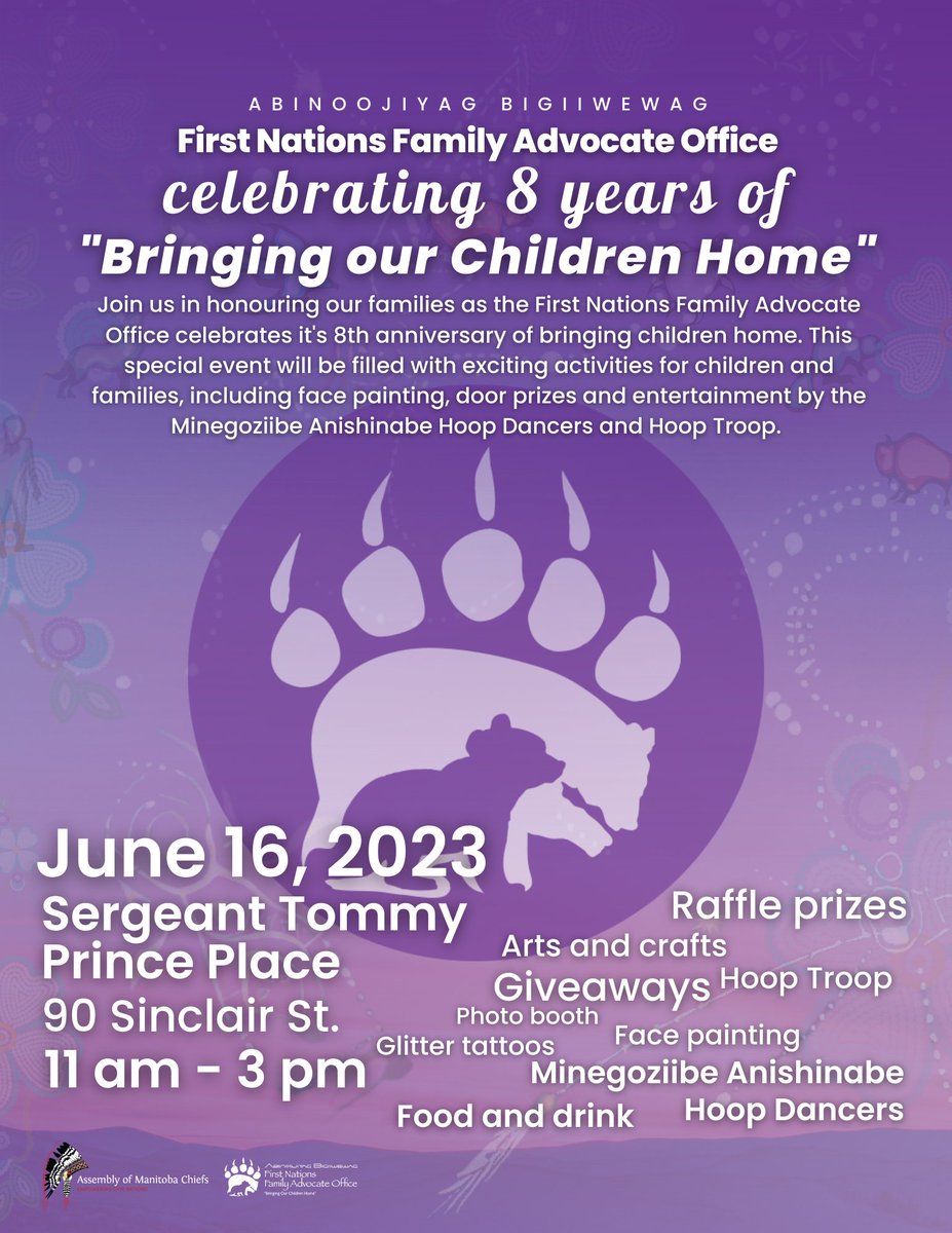 FNFAOMB's tweet photo. SAVE THE DATE 📅

Join us in 🥳celebrating and honouring our families at the AMC-FNFAO 8-Year Anniversary celebration 💜.

When: June 16, 2023 from 11 am to 3 pm
Where: Sergeant Tommy Prince Place https://t.co/DPaBqv4p2k