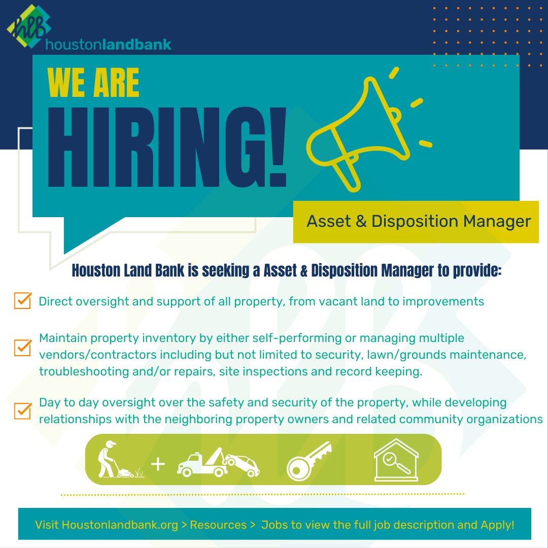 HTXLandBank's tweet image. HLB is hiring and we want you to join our team!  Visit our website to read the full job descriptions and apply!

houstonlandbank.org/resources/#156…

 #HoustonLandBank #Hiring #HoustonJobs