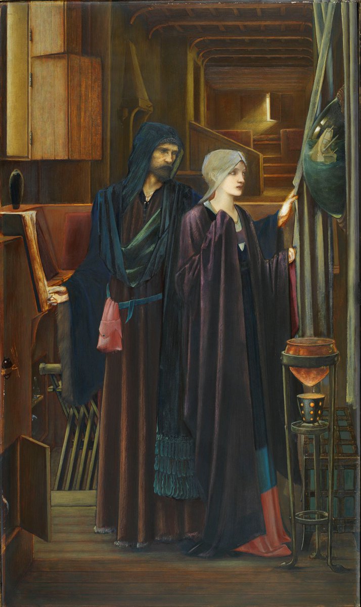 longvictorian2's tweet photo. The Wizard (1896–98) by Edward Burne-Jones (English artist, lived 1833–1898). Birmingham Museums Trust. Burne-Jones referred to it as his 'Maiden and Necromancer picture'. #PreRaphaelite style. https://t.co/SKHTyygdh9