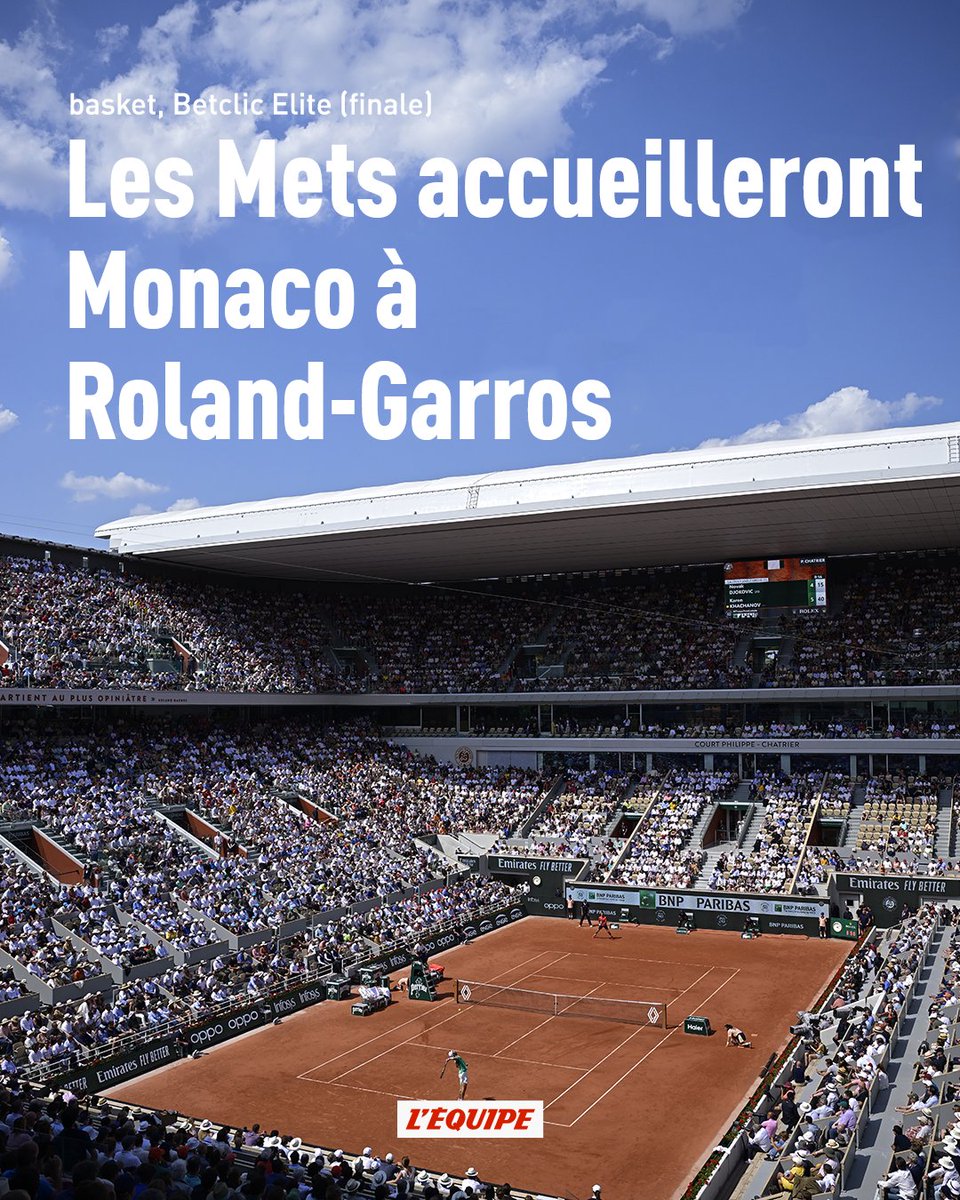 lequipe's tweet photo. Pour la finale de Betclic Élite, Boulogne-Levallois va déménager sur un site spectaculaire : le match 3 face à Monaco aura lieu à Roland-Garros. https://t.co/u7Ob5BwqQe https://t.co/eCIBo1hPNV