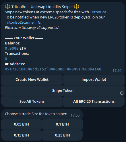 TritonBot_bot's tweet image. 📣 Exciting Update! 🌟

🆙 TritonBot just leveled up! 💪 Now you can choose your trade size for token snipes!

🔢 Available trade sizes: 
💰 0.05 ETH 
💰 0.10 ETH 
💰 0.15 ETH 
💰 0.25 ETH

Join our Telegram!

#TritonBot #ethereum #ERC20 #crypto