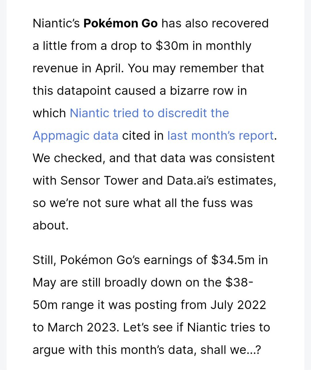 JreSeawolf's tweet photo. https://t.co/hIMYwXe72H
Any comment, @NianticLabs? 🎤
Down by over a third from last year, and even the bump of Shadow Mewtwo and GO Fest tickets had little effect.
I don't want GO to fail. But how many signs do you need that your players are dissatisfied with your direction? https://t.co/PFCX4rb0Qw