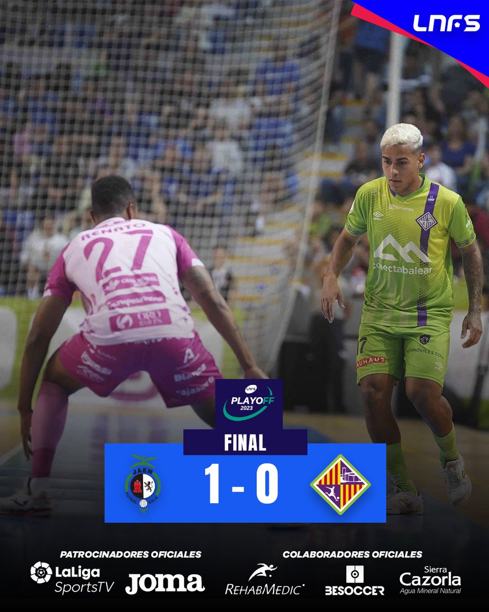 LNFS's tweet photo. ⏰ ¡Final en Jaén!
🌍 Full time!

Jaén FS 1⃣ - 0⃣ @PalmaFutsal

#LNFS #LigaFutsalProfesional https://t.co/Z31JC0AxiG