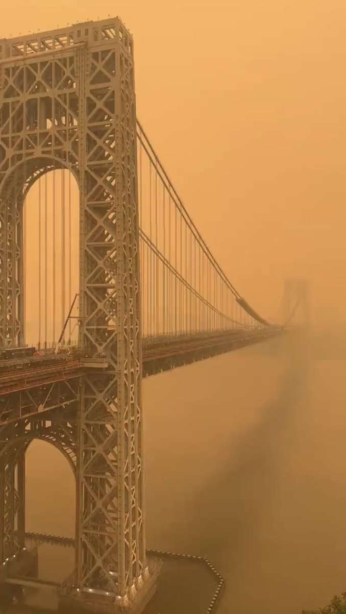 While the fossil fuel industry reports record profits, millions of humans and other sentient beings are suffocating today from the impact of global warming. Those who blame "wildfires in Canada" are missing the deeper cause.

The Brooklyn Bridge today in NYC. Photo: <a href="/Phil_Lewis_/">philip lewis</a>