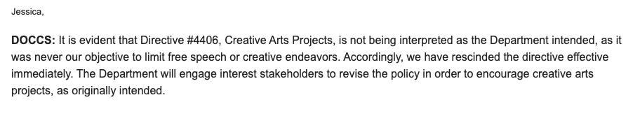 BREAKING: NY DOCCS tells me it is rescinding its policy blocking incarcerated writers and artists from publishing their work, effectively immediately, following the excellent reporting from @chrisgelardi/@nysfocus