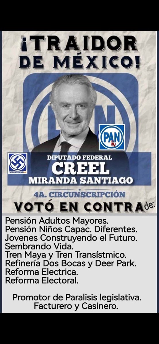 Amina_maktub's tweet photo. @SantiagoCreelM @PANPuebla2124 @AccionNacional 🇲🇽🇲🇽🇲🇽🐝
#TraidorALaPatria
Votaste en contra de todo lo que podía beneficiar a los Mexicanos.
Ahora, esos mismos Mexicanos, te darán la espalda y una patada por el C…lo.
#YaPerdiste
#TraidorALaPatria https://t.co/AKhQJ9zlpd