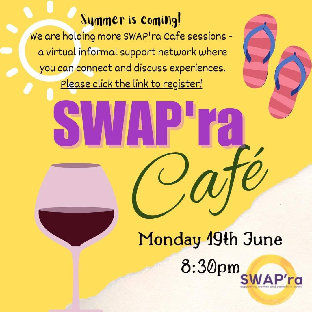 Join us online at the SWAP'ra Cafe - Monday 19thn June at 8:30pm Click the link to find out more & register ➡️ swap-ra.org/cafe #swapra #parentsinperformance #operamum #operadad #swapracafe #operasingersofinstagram