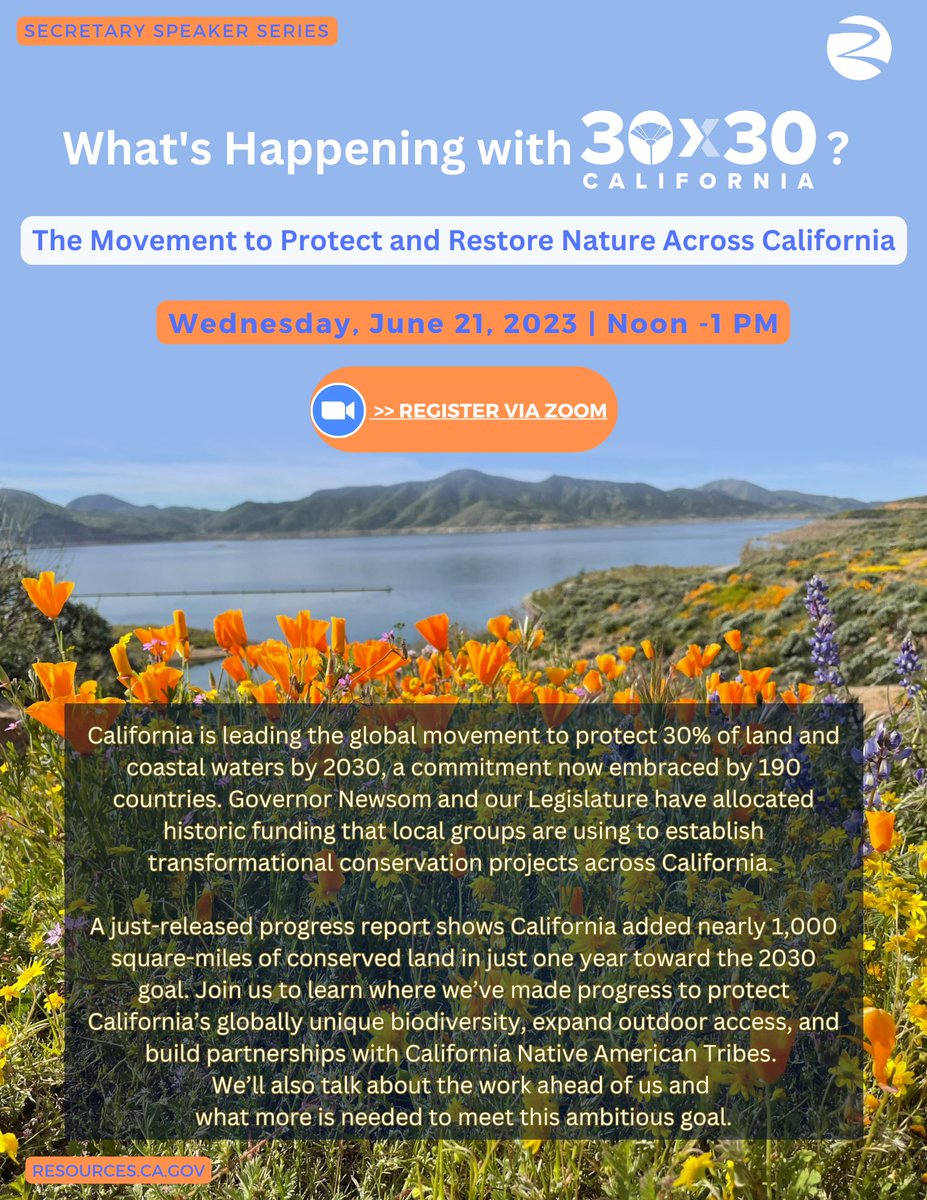 CalNatResources's tweet photo. Join us on June 21 at noon for Secretary Speaker Series: What's Happening with @30x30CA? Secty. @WadeCrowfoot, @jmpnorris and panelists will discuss the work ahead/how to meet our ambitious goals! Register now here: https://t.co/zxsxEDRGRO
#30X30CA https://t.co/nsk4rrDA65