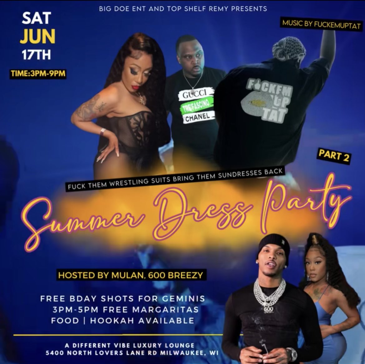 Top_Shelf_Mgt1's tweet photo. June 17th Sundress Day Party pt.2
3-9pm 5400 W Lovers Lane Rd https://t.co/JAwN7DonxI