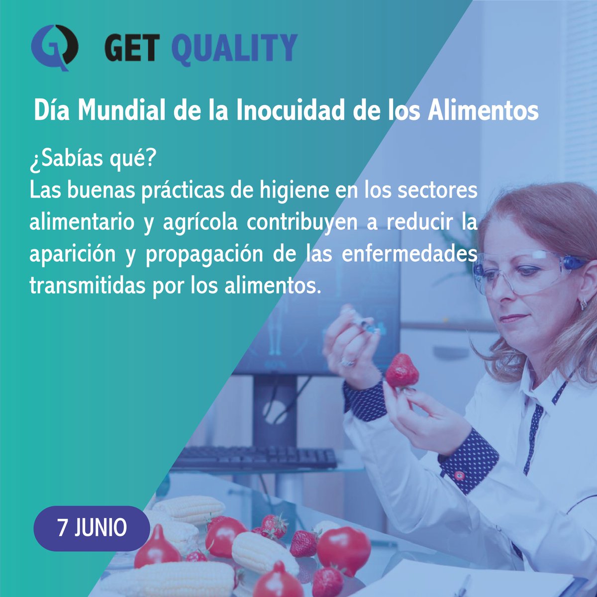 Get_Quality's tweet photo. En el Día Mundial de la Inocuidad de los Alimentos, recordemosque la #InocuidadAlimentaria es una responsabilidad compartida de toda la cadena de suministro. Desde los productores hasta los consumidores. Por eso en #GetQuality asesoramos referente a ISO22000, HACCP y BPM. https://t.co/VKLTOSUeXe