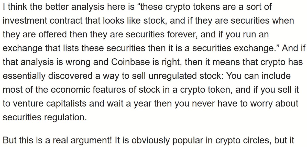 I think <a href="/matt_levine/">Matt Levine</a> makes a pretty common sense point here on whether tokens are functionally equivalent to stocks. I'm not a lawyer or anything, I don't know where this all goes legally, but it's a pretty strong case I think.