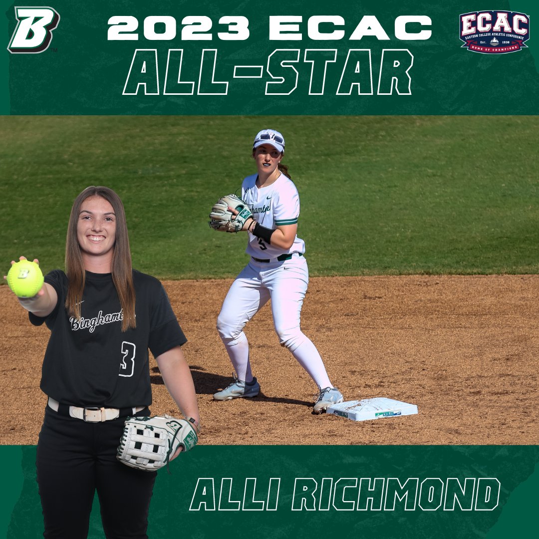 Congratulations to Alli Richmond on being named an
<a href="/ECACSports/">ECAC Sports</a> All-Star for the second straight year! She is just the second Binghamton softball player to be chosen twice during her career, joining Jessica Rutherford (2016-18) - who also wore jersey #3. #AESB