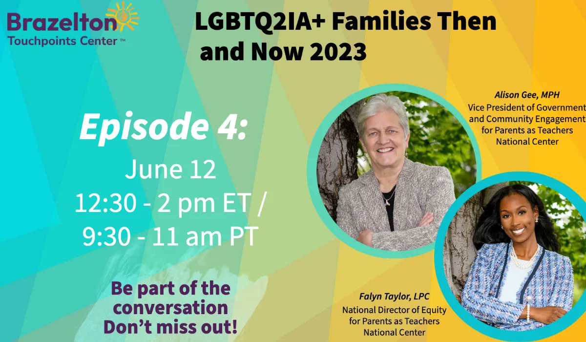 Join us Monday, June 12, for the fourth episode of LGBTQ2IA+ Families Then and Now! This episode features Alison Gee and Falyn Taylor, who both work at the Parents as Teachers National Center <a href="/NatlPAT/">Parents as Teachers®</a> 

Register today buff.ly/41HMDaP