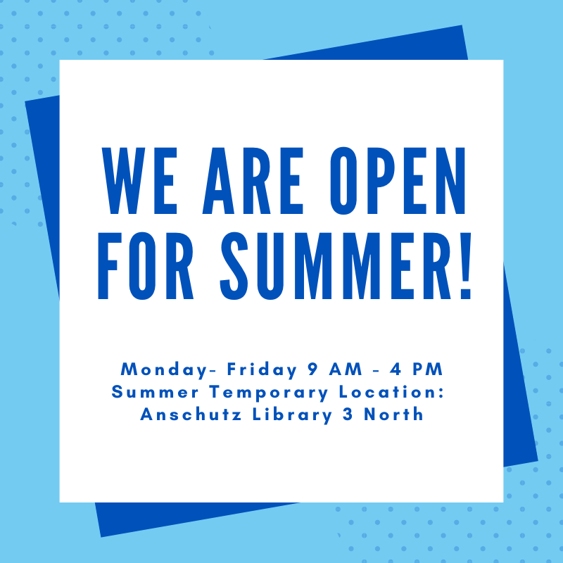 The Writing Center is now open for the summer! Consultations are available Monday-Friday 9am-4pm until July 28th. Due to construction, we are temporarily downstairs on the 3rd floor of Anschutz in 3 North. Make your appointment now at writing.ku.edu!