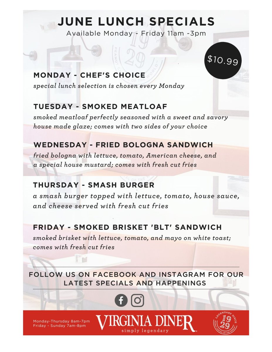 June Lunch Specials you don't want to miss out on! 
*
*
*
comment which one you are most excited to try🤔#VAD #VirginiaDiner #VAEats #WakefieldVA #comfortfood #nineteentwentynine #simplylegendary