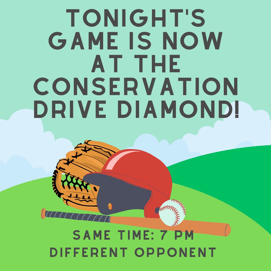 Tonight's baseball game is now at the Conservation Drive diamond. Different opponent. Same time. #MayfieldUnitedChurch #MayfieldUCBaseball #LetsPlayBall #BatterUp #ChurchBaseball #WednsesdayBaseball #WednesdayNight #ChurchCommunity
