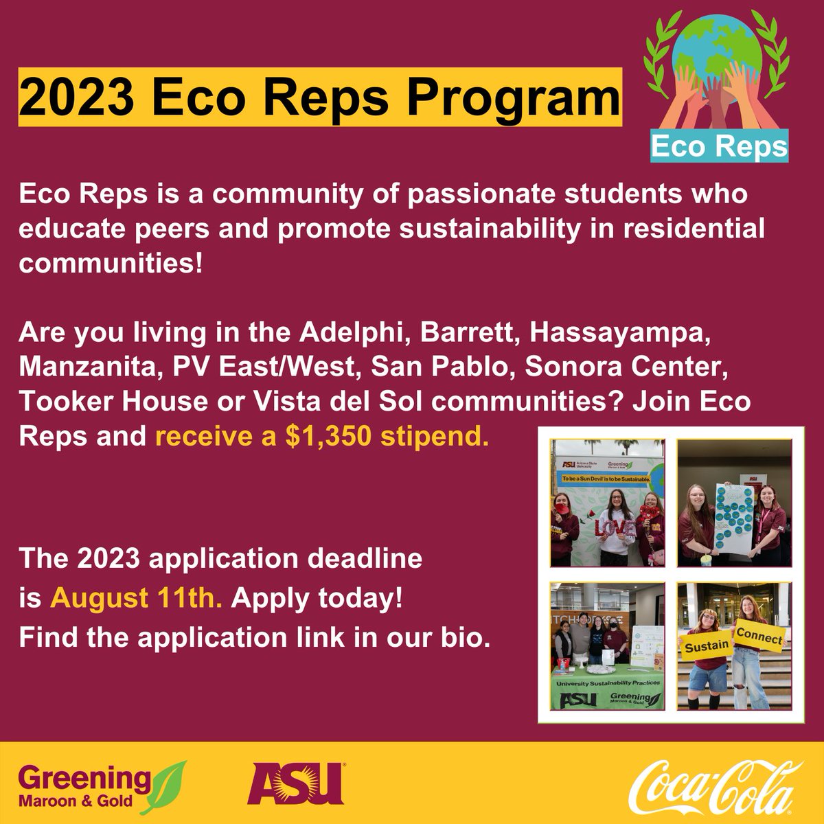 asu_usp's tweet photo. Are you looking for an opportunity to work with peers making sustainable change? The application for the 2023-2024 Eco Reps program is NOW OPEN and closes on August 11th!
Visit this link to apply: https://t.co/WahO7LeMYo π±ππβ»
#GreeningASU #Sustainability #ASU #EcoReps https://t.co/bwvF50GNiI