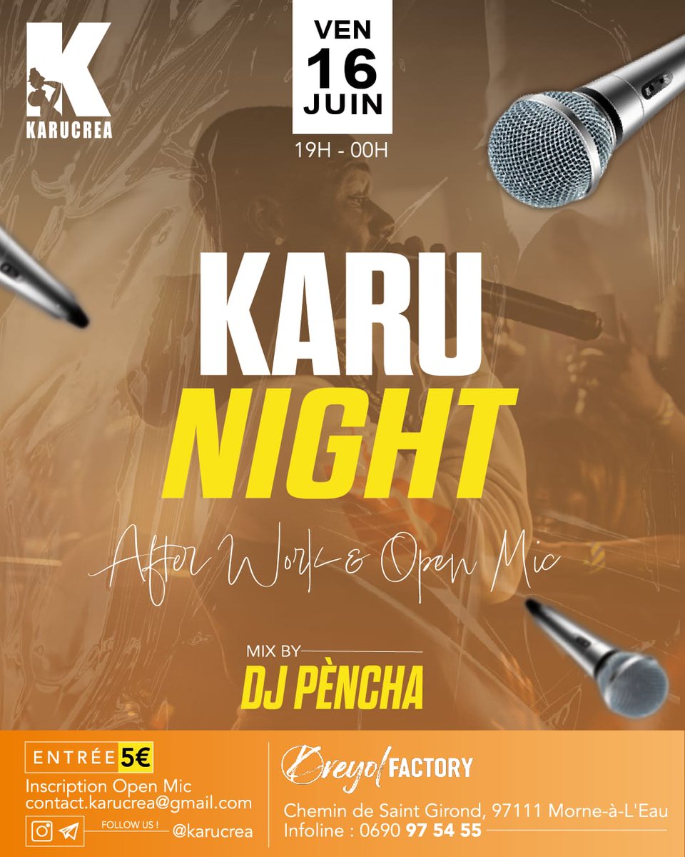 KaruCrea's tweet photo. 🚨 Edition spéciale - Fête de la musique 🎤🔥

Rendez-vous le vendredi 16 juin à @kreyol_factory !

📩 Nos DM sont ouverts pour tous les artistes qui souhaitent s'inscrire pour performer le jour j. https://t.co/XWTlCgI6Xb