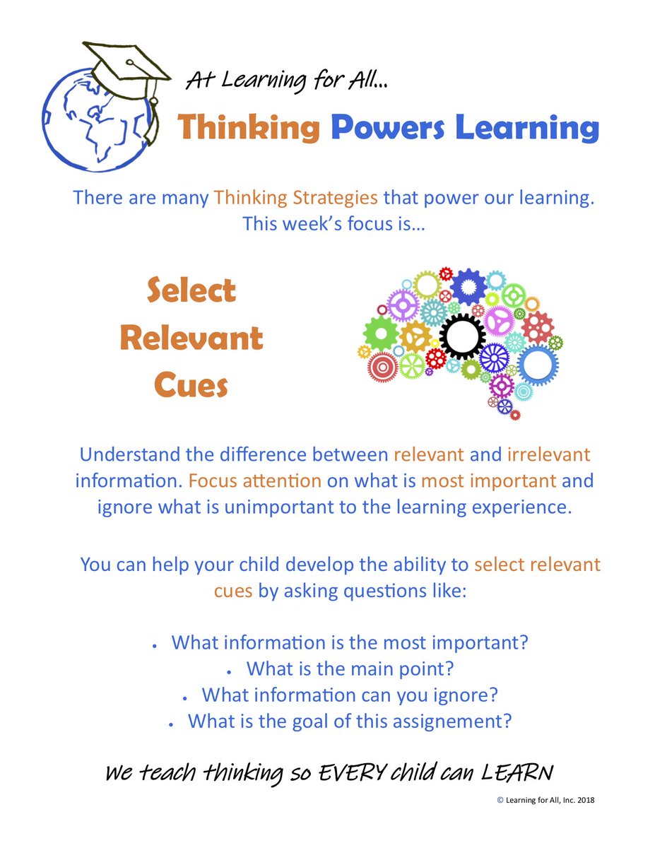 This week's focus: Select Relevant Cues

Every two weeks we will shift to a new Thinking Focus.

We teach THINKING so every child can LEARN

#dyslexiaawareness #thinkingskills #cognitivedevelopment #cognitiveskills #perception #thinkingfocused