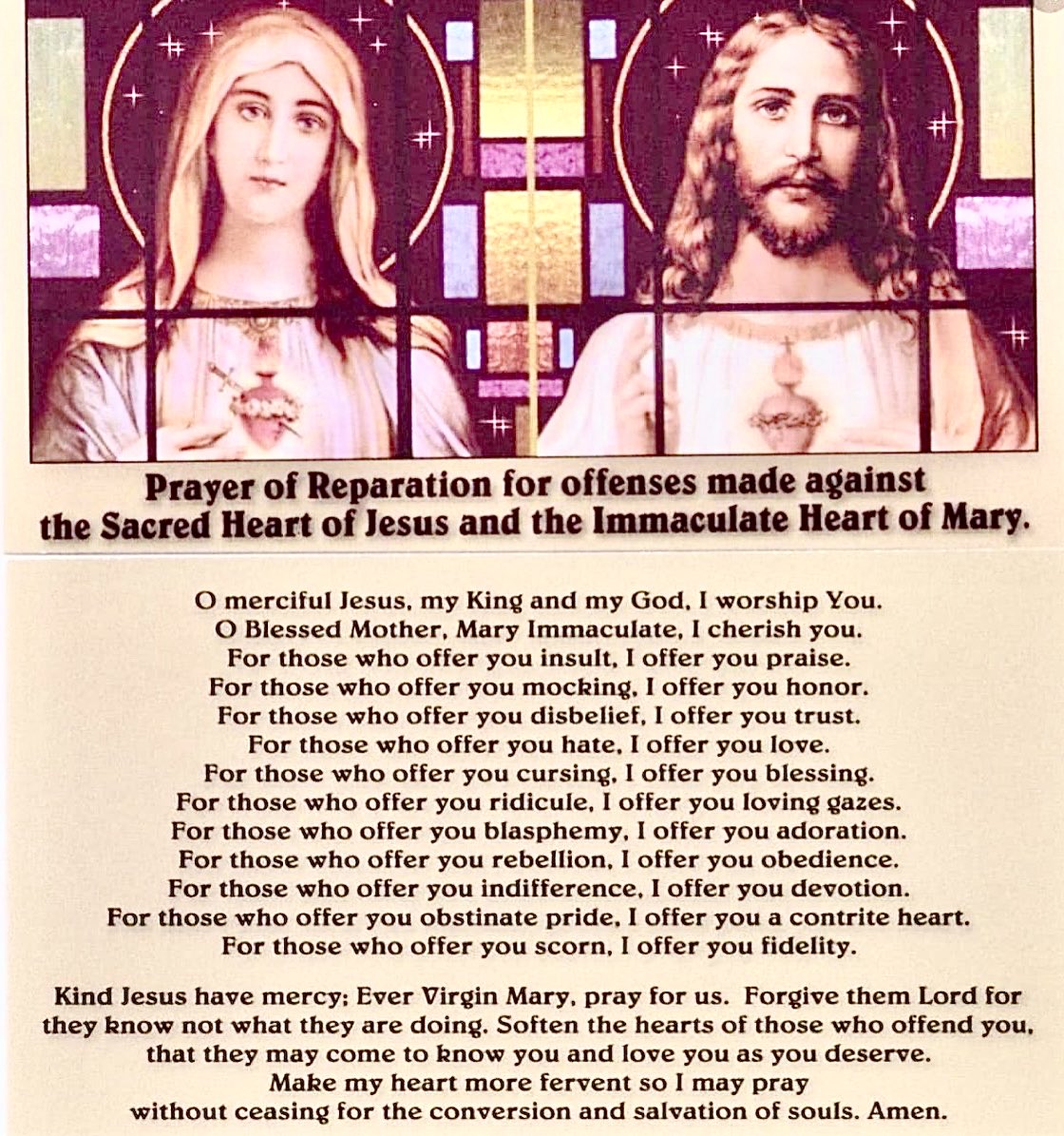 1romancatholic's tweet photo. Prayer of #Reparation for offenses made against the Sacred Heart of Jesus and the Immaculate Heart of Mary:
🙏🏻💕
#theTwoHearts #HeartsofJesusandMary #Catholic https://t.co/zk3FFy335L