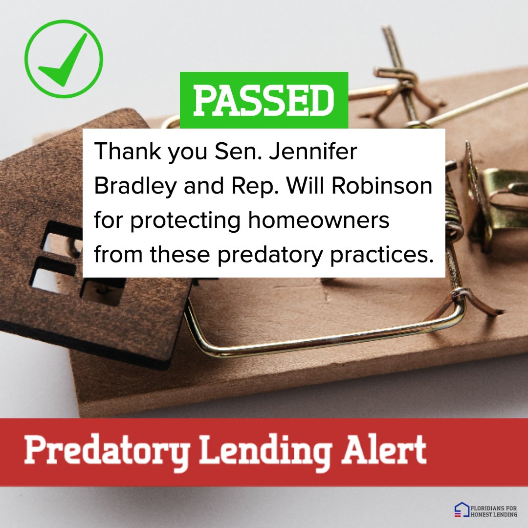 Big win! Legislators passed one of our priority bills to protect homeowners from predatory lenders. Thank you to bill sponsors @jenn_bradley & @will_robinsonjr honestlendingfl.org/mv-realty-accu…