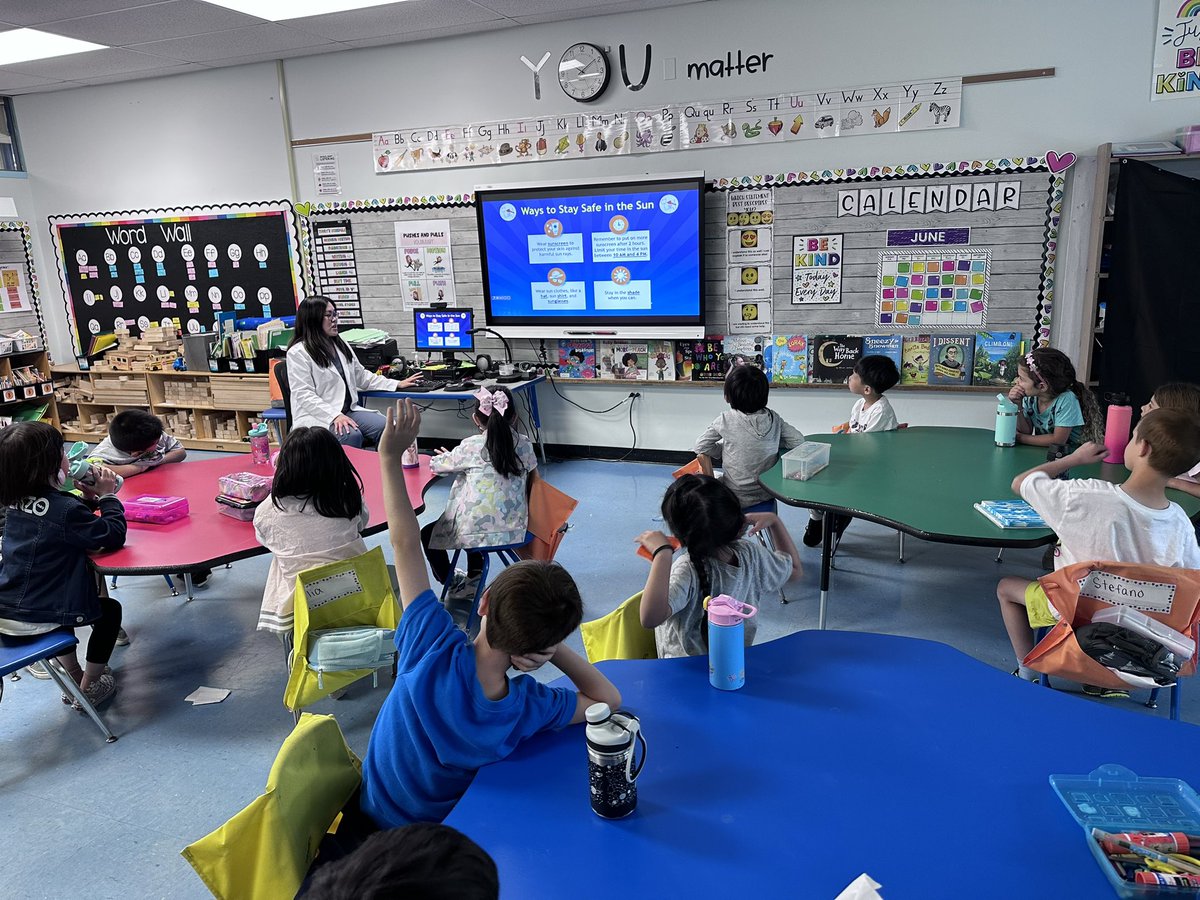 Today Dr. Ma taught us about sun safety! Thank you for visiting us! ☀️☀️ <a href="/SearingtownK5/">Searingtown School</a> <a href="/HerricksSchools/">Herricks Schools</a>
