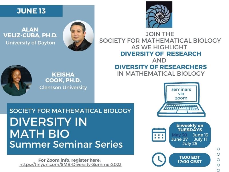 less than one week away from the 2nd set of Diversity in Math Bio talks from <a href="/SMB_MathBiology/">SMB - Society for Mathematical Biology</a> ! 

hear from Dr. Alan Veliz-Cuba and Dr. Keisha Cook (<a href="/KCookMathLab/">Keisha Cook, Ph.D.</a>) on Tuesday June 13 at 11:00 EDT / 17:00 CEST

register to receive the Zoom info:
tinyurl.com/SMB-Diversity-…