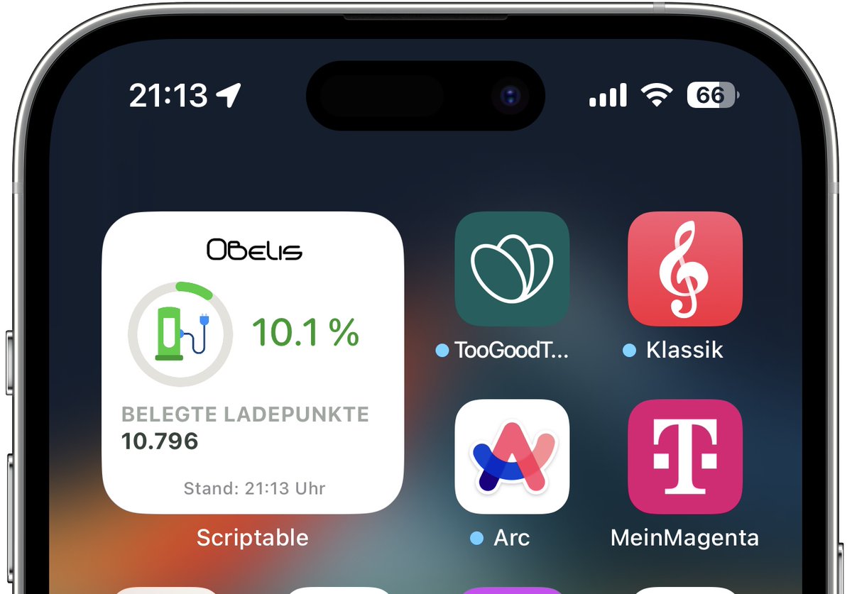 Auf Anfrage von @leumund habe ich ein kleines iOS widget gebaut, das die Anzahl sowie den Anteil der aktuell belegten Ladepunkte in Deutschland anzeigt. Darf gerne getestet und optimiert werden (z.B. dark mode). #emobility #Elektroauto 

Skript/gist: gist.github.com/marco79cgn/1f6…