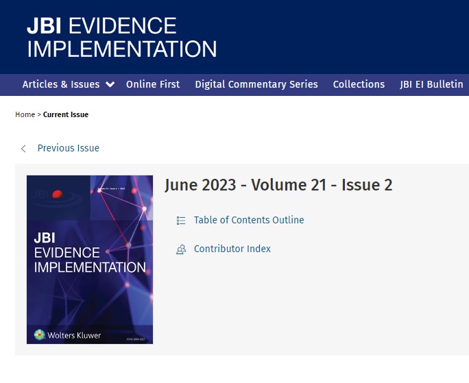 JBI EVIDENCE IMPLEMENTATION (@jbi_ei) on Twitter photo The June issue of <a href="/JBI_EI/">JBI EVIDENCE IMPLEMENTATION</a> is available now.
#KnowledgeToAction
With full-text articles available for download, <a href="/JBI_EI/">JBI EVIDENCE IMPLEMENTATION</a> provides high-quality practice change knowledge to improve patient care. <a href="/JBIEBHC/">JBI</a> journals.lww.com/ijebh/Pages/cu… <a href="/AmJNurs/">AmJNurs</a> <a href="/CraigSL01/">Craig Lockwood, RN, MACN</a> <a href="/IanDGraham1/">Ian D Graham</a> The June issue of <a href="/JBI_EI/">JBI EVIDENCE IMPLEMENTATION</a> is available now.
#KnowledgeToAction
With full-text articles available for download, <a href="/JBI_EI/">JBI EVIDENCE IMPLEMENTATION</a> provides high-quality practice change knowledge to improve patient care. <a href="/JBIEBHC/">JBI</a> journals.lww.com/ijebh/Pages/cu… <a href="/AmJNurs/">AmJNurs</a> <a href="/CraigSL01/">Craig Lockwood, RN, MACN</a> <a href="/IanDGraham1/">Ian D Graham</a>