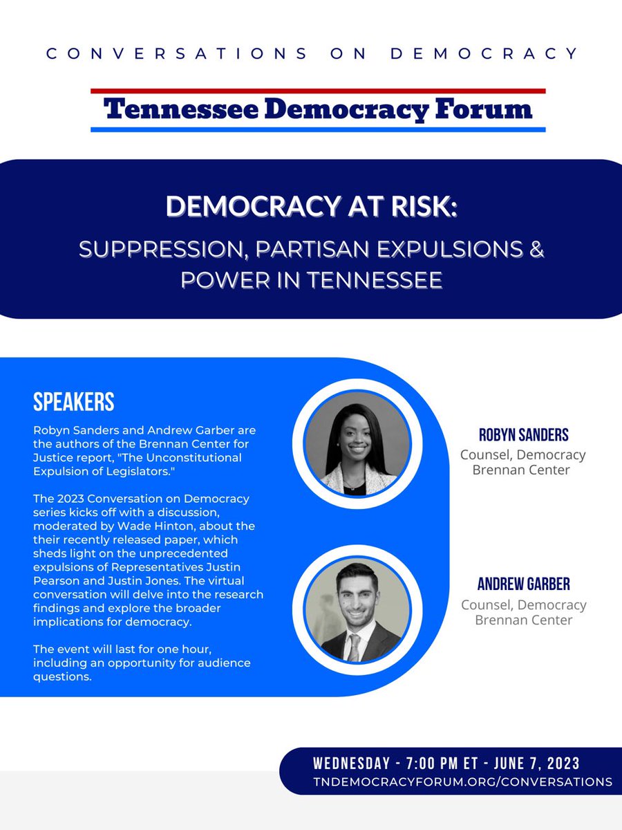 Tonight my colleague <a href="/AndrewGarber15/">Andrew Garber</a> and I will talk about the expulsions of <a href="/brotherjones_/">Rep. Justin Jones</a> and <a href="/Justinjpearson/">Justin J. Pearson</a>, and the attempted expulsion of <a href="/VoteGloriaJ/">Rep. Gloria Johnson</a> + the broader legal and social consequences of legislative abuses of power. Join us! Register here: tndemocracyforum.org