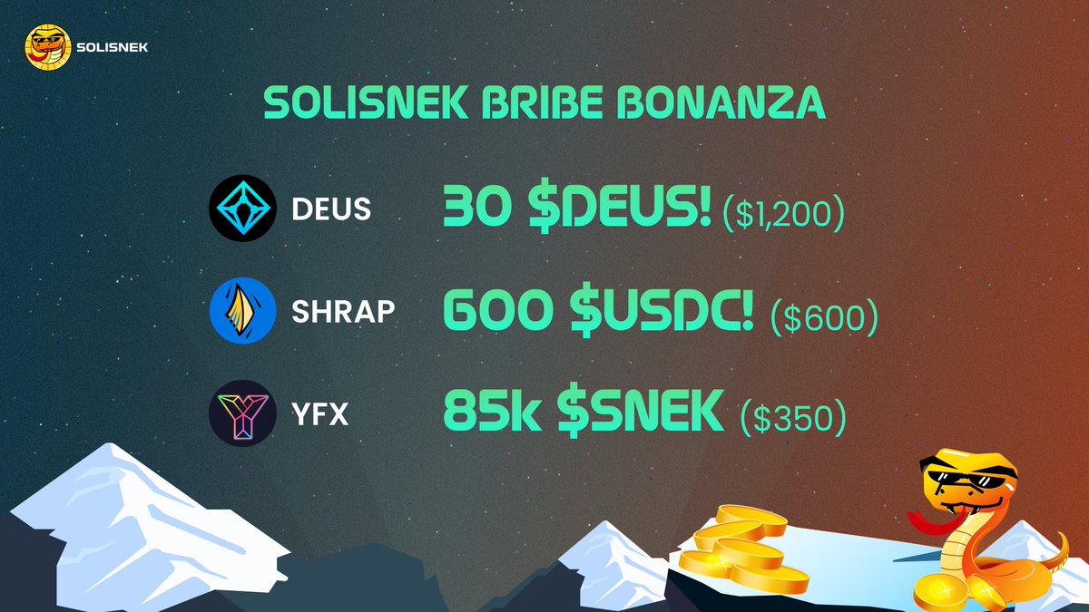 solisnekfi's tweet photo. And we're not done yet! You still have 2.5 hrs to get your share of these awesome rewards on #SoliSnek @avax 🔥

30 $DEUS-> $WAVAX/ $DEUS pools ($1200)
600 $USDC-> $SHRAP/ $WETH
85k $SNEK -> $YFX/ $gmdUSDC/ $USDC ($350)

Where you ask!? here! 👇
https://t.co/W8z17cCddz https://t.co/JW1ba8j8os