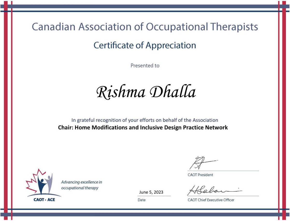 First year down, 1 more to go. Couldn’t ask for a better partner than <a href="/InclusiveAging/">Inclusive Aging</a>! Excited for yr 2! Thx to <a href="/CAOT_ACE/">CAOT_ACE</a> for providing the platform and support for these important national practice networks. 

#ot365 #homemods #otentrepreneur #OT4Life