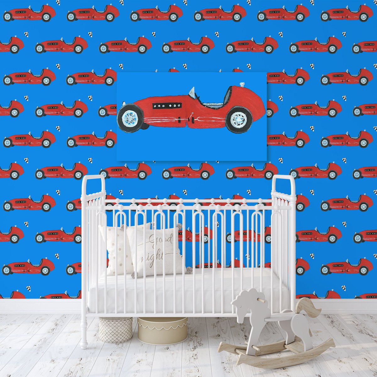 Jacks Race Car Wallpaper - Royal Blue etsy.me/3OUp8sa #blue #red  #bedroom #boho #yes #peelstick #wallpaper #interiordesign #racecar#cars #kidsroom #vintage #babynursery