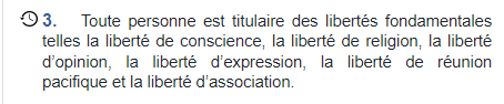 Question pour la CAQ, le PLQ et QS.
Dans cet article de la Charte québécoise des droits de la personne, au sujet de la "liberté d'expression" et de la "liberté de réunion pacifique" 
où est-il écrit "au cas par cas" ?