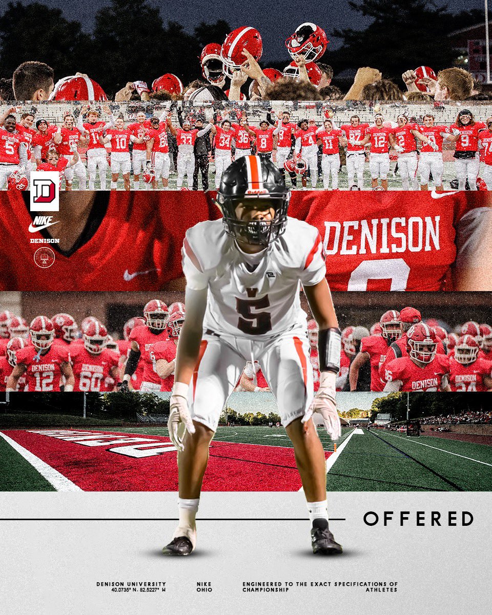 After a great conversation with <a href="/coachhatem/">Jack Hatem</a>, I am grateful to have received my first offer to play at the next level from Denison! Thank you to Coach <a href="/Moses_Adam_86/">Adam Moses</a> and all of <a href="/DUFootball/">Denison Football</a>! 
<a href="/Raider_FB/">Raider_FB</a> <a href="/CoachKJarrett/">Kaleb Jarrett</a> <a href="/coachbutler1960/">Mark Butler</a> <a href="/CoachCruzen/">Cody Cruzen</a> <a href="/CoachEberle/">Nick Eberle</a> <a href="/BuzzswapsDesign/">Buzz.Visuals</a>