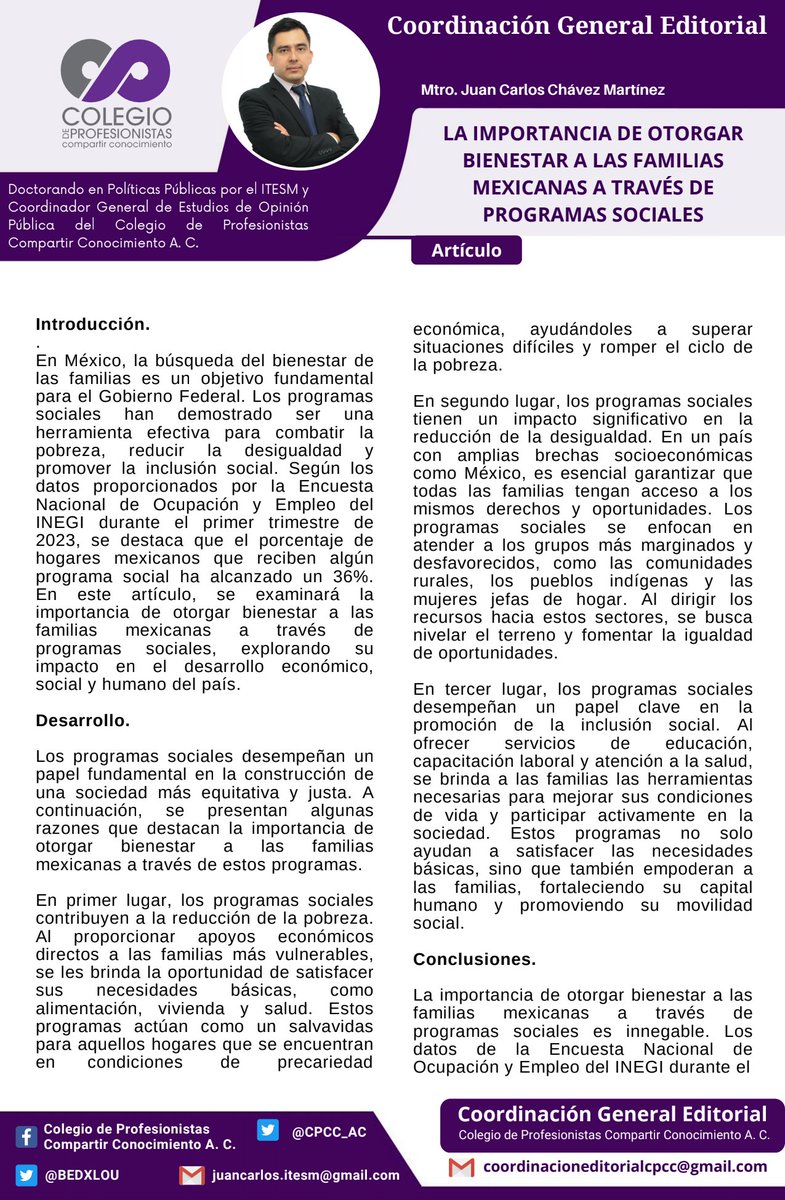 CPCC_AC's tweet photo. #CoordinaciónEditorial 📗✏
#Artículo

"LA IMPORTANCIA DE OTORGAR BIENESTAR A LAS FAMILIAS MEXICANAS  A TRAVÉS DE PROGRAMAS SOCIALES"

Por: Juan Carlos Chávez Martínez - Coordinador General de Estudios de Opinión Pública del @CPCC_AC
@BEDXLOU https://t.co/tfGtpbhnRX
