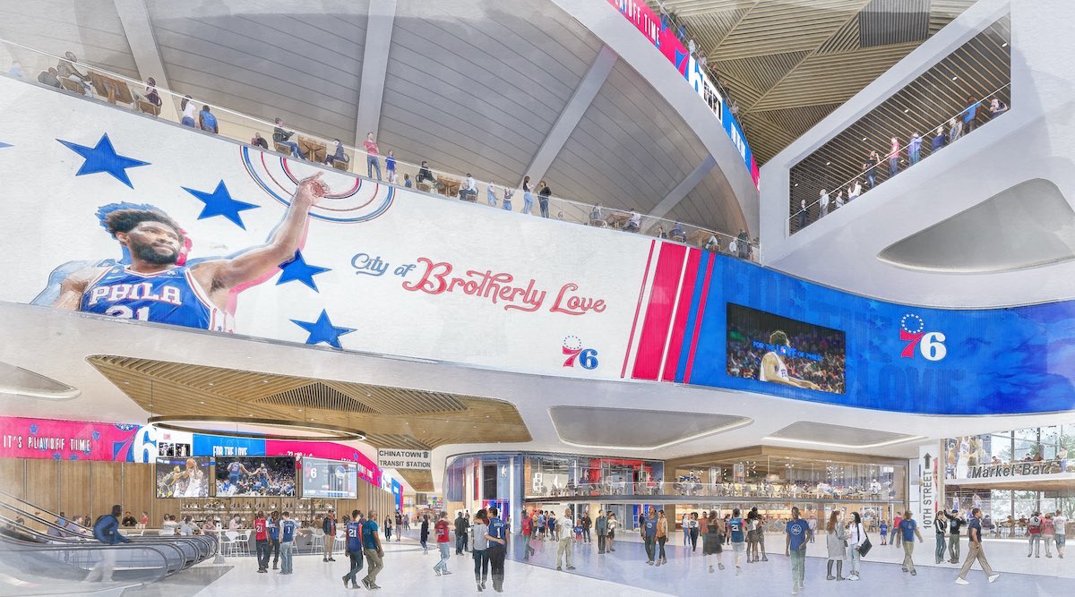 sixers_galaxy's tweet photo. The #Sixers released new architectural renderings of 76 Place — the $1.3 billion arena the team plans to build on Market Street by the year 2031.

(via Gensler and CBL Real Estate) https://t.co/gqCHC2yo86