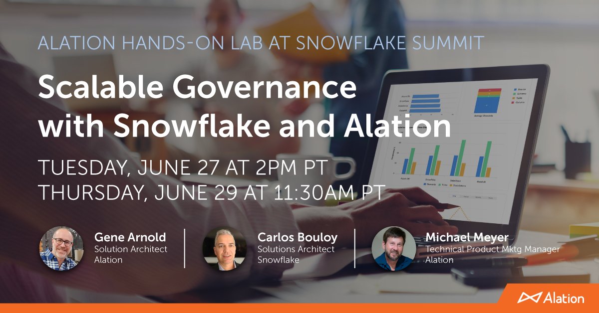 Alation's tweet photo. If you're attending #SnowflakeSummit, join this hands-on lab!  

Join us &amp; @SnowflakeDB to learn how Snowflake and Alation can: 

⚔️ Mitigate compliance risk
🔋 Boost user productivity
✅ Enhance data usage

We're offering this twice, so no excuses! ☝️ 

https://t.co/epwIlmo0na https://t.co/x9ftPqC4QN