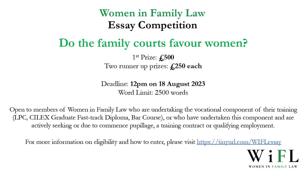 ClarissaWigoder's tweet image. The first Women in Family Law essay competition is now live! 

Please do share this opportunity with any friends doing the BPC/LPC/CILEX Grad Fast Track Diploma 🎓

Any questions, please reach out to me or @MalvikaJaganmo1 .