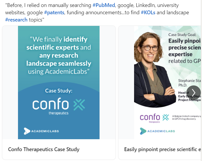 academiclabsco's tweet photo. We are excited to share our latest customer success story featuring Stephanie Staelens of Confo Therapeutics! As Head of Early #DrugDiscovery Project Management , Stephanie needed an easy way to pinpoint precise scientific expertise related to GPCRs. #BIO2023 https://t.co/nBzssFNjG7
