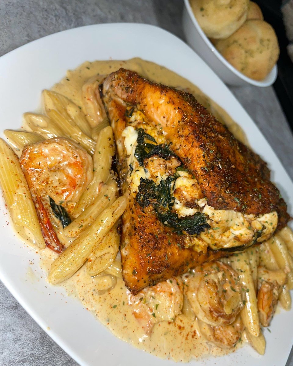 Stuffed salmon & shrimp Alfredo